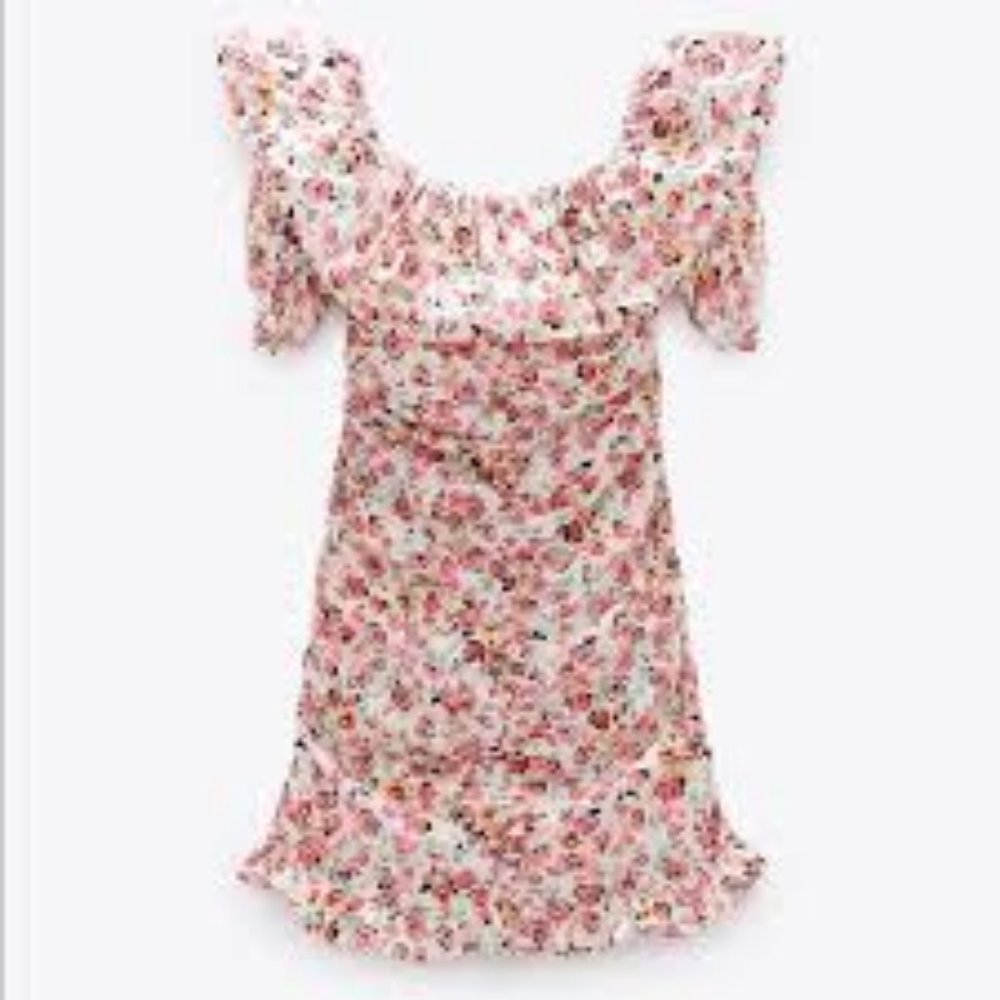 Zara ruffle ruched floral print mini dress NWt - Picture 2 of 6